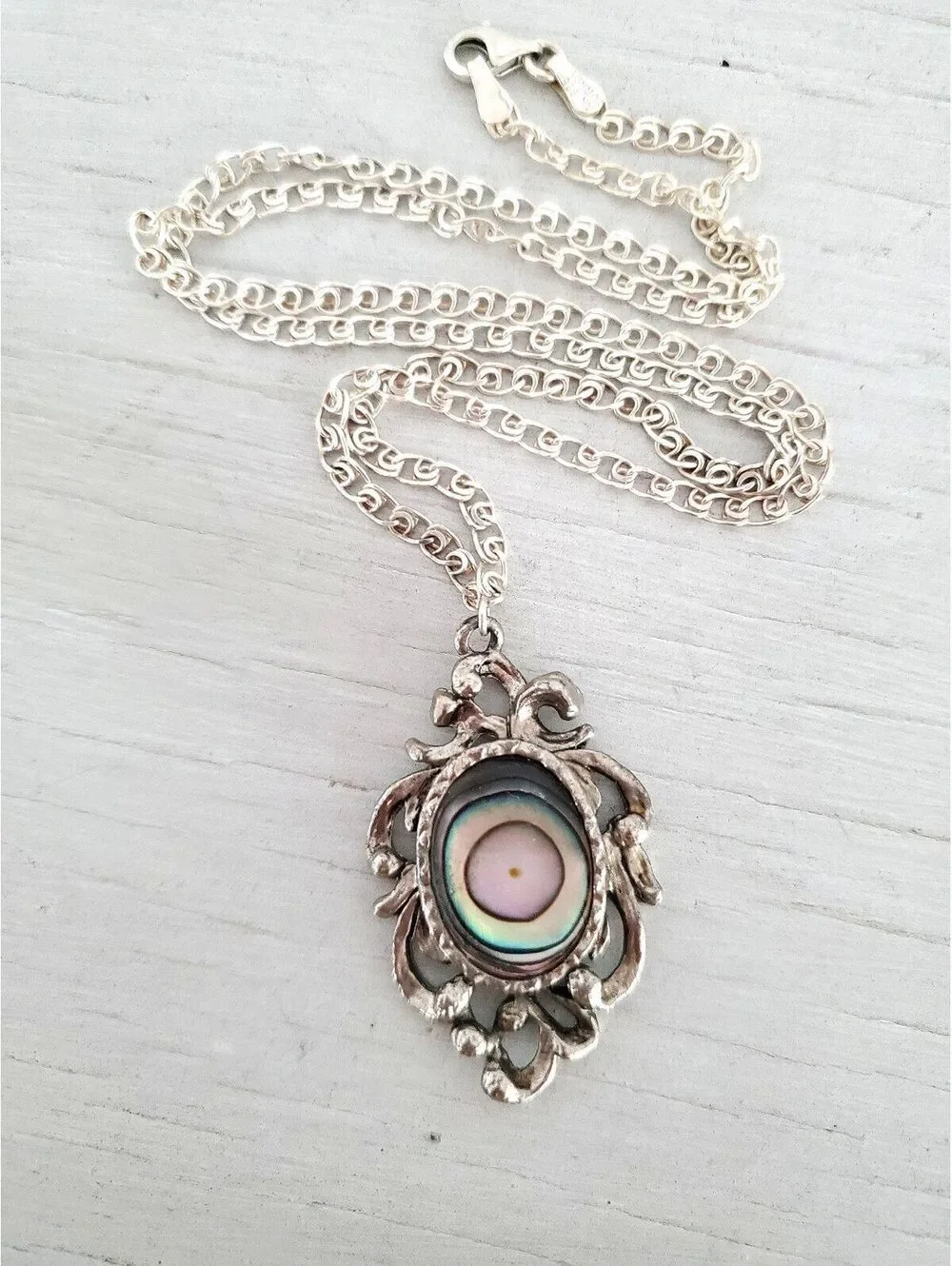 Vintage Sterling Silver Abalone Shell Scroll Pendant with Chain Necklace